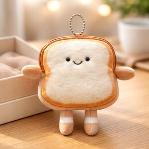 Plush Toast Keychain And Coins Purse Pouch - Cream & Tan